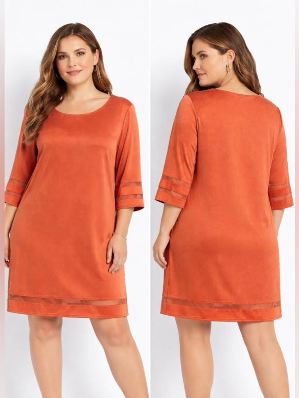 Women's Mesh Panel 3/4 Bell Sleeve Short Loose Tunic Dress (L)